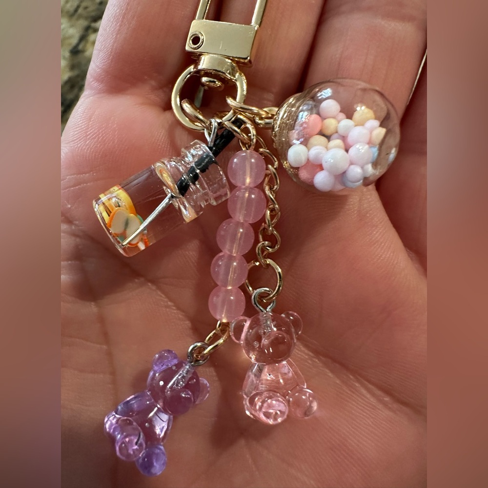 Gold Purple and Pink Keychain with Bear Charms - Picture 2 of 5